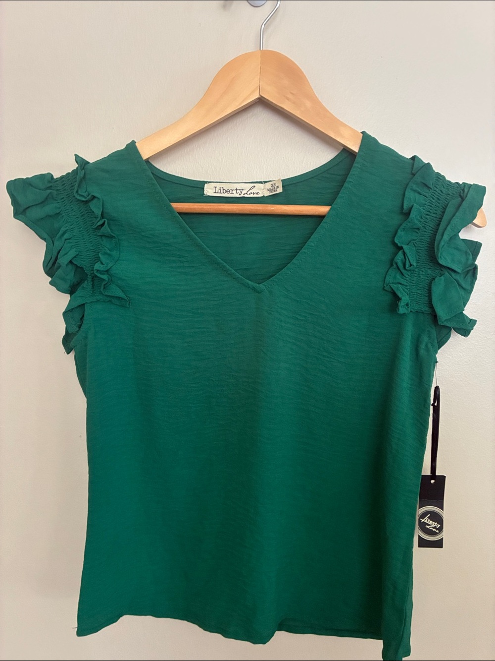 Liberty Love Emerald Green Ruffle Sleeve V-Neck Top